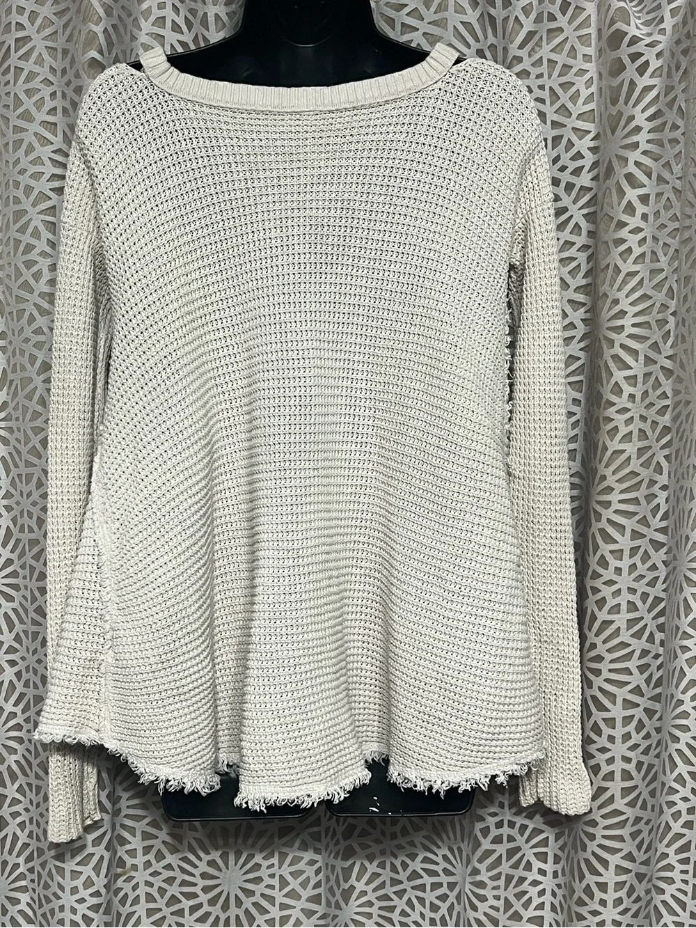 Free People Thermal Knit V-Neck Tunic Sweater Cream Raw Hem Cotton XS